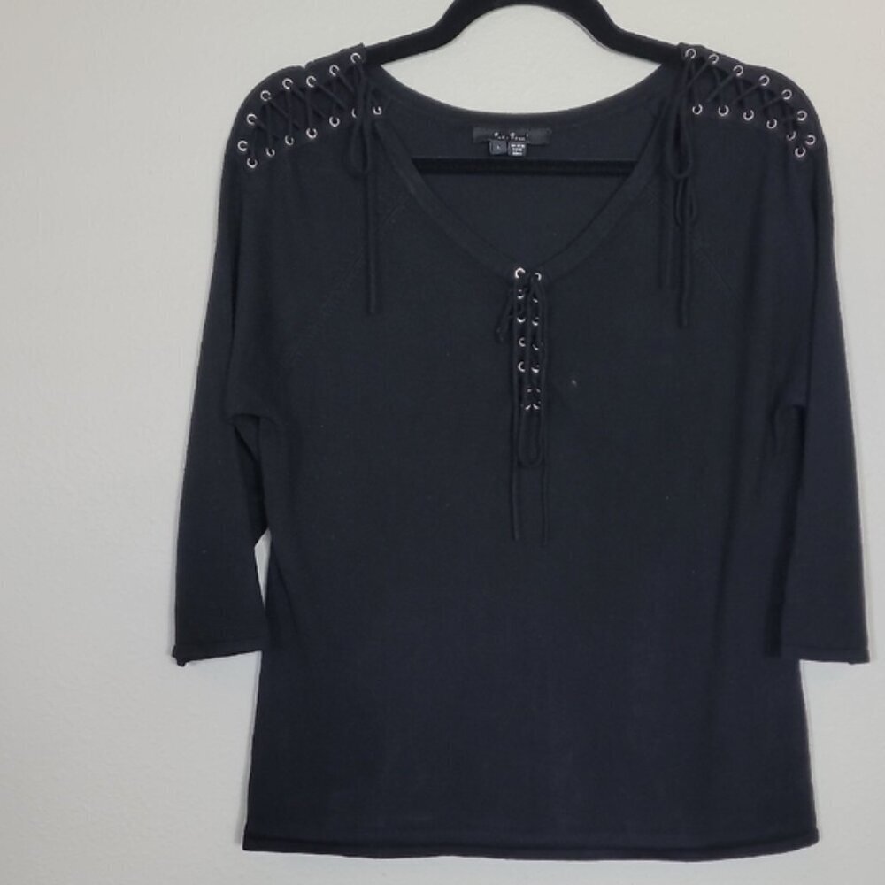 Y2K ECI Lace Up Knit Sweater Size L Black Fitted Goth Grunge Nylon 90s Womens